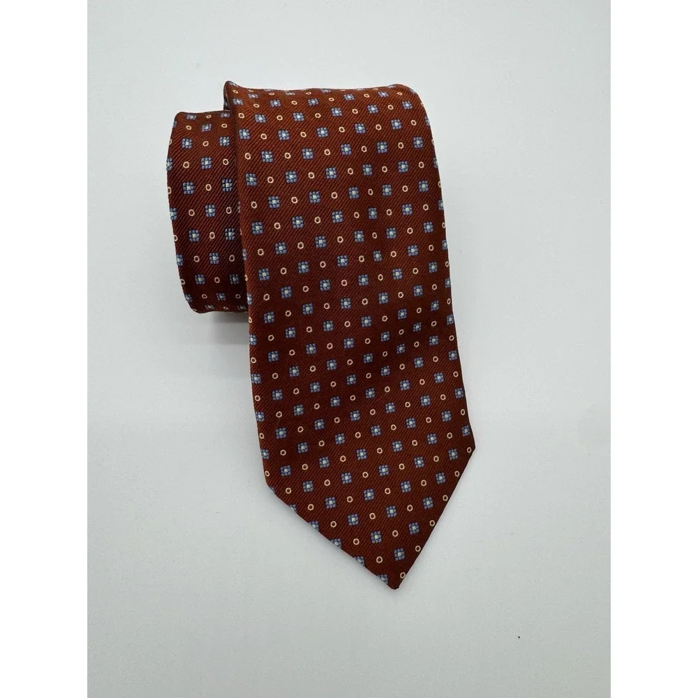 Barneys‎ New York Silk Tie Red Geometric Pattern Blue Gold Squares Made in Italy
